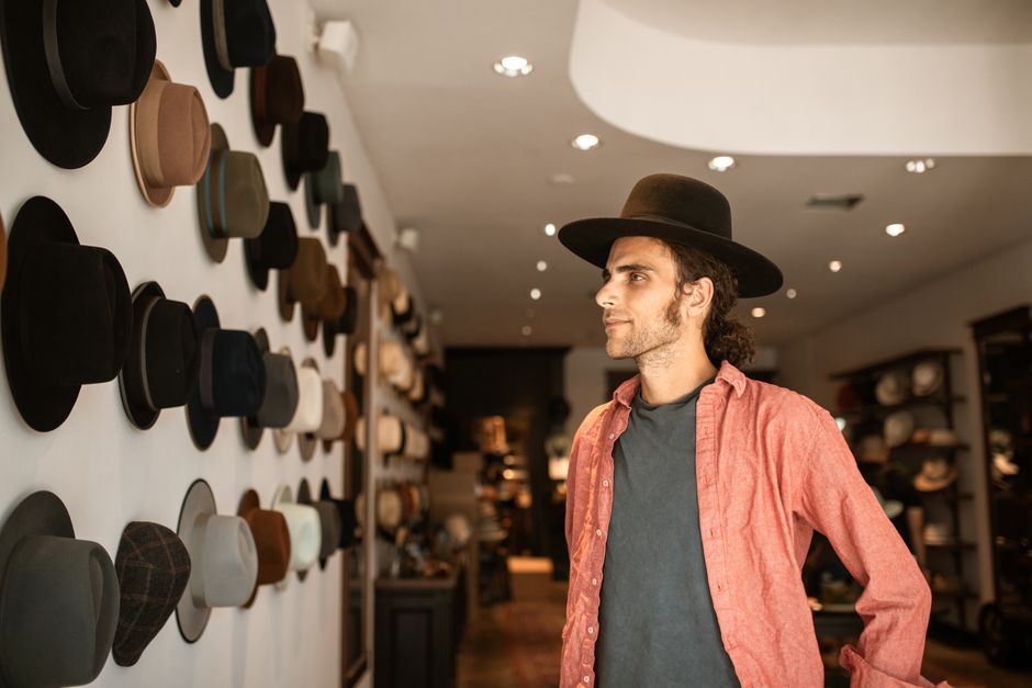 Professional hat retail shop display with quality inventory
